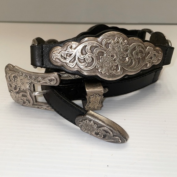 Western Silver Filigree and Black Leather Belt Made in 1995 - Picture 1 of 15